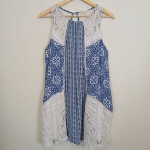 Hint of Mint Blue White Geometric Lace Trim Dress Women's Size L